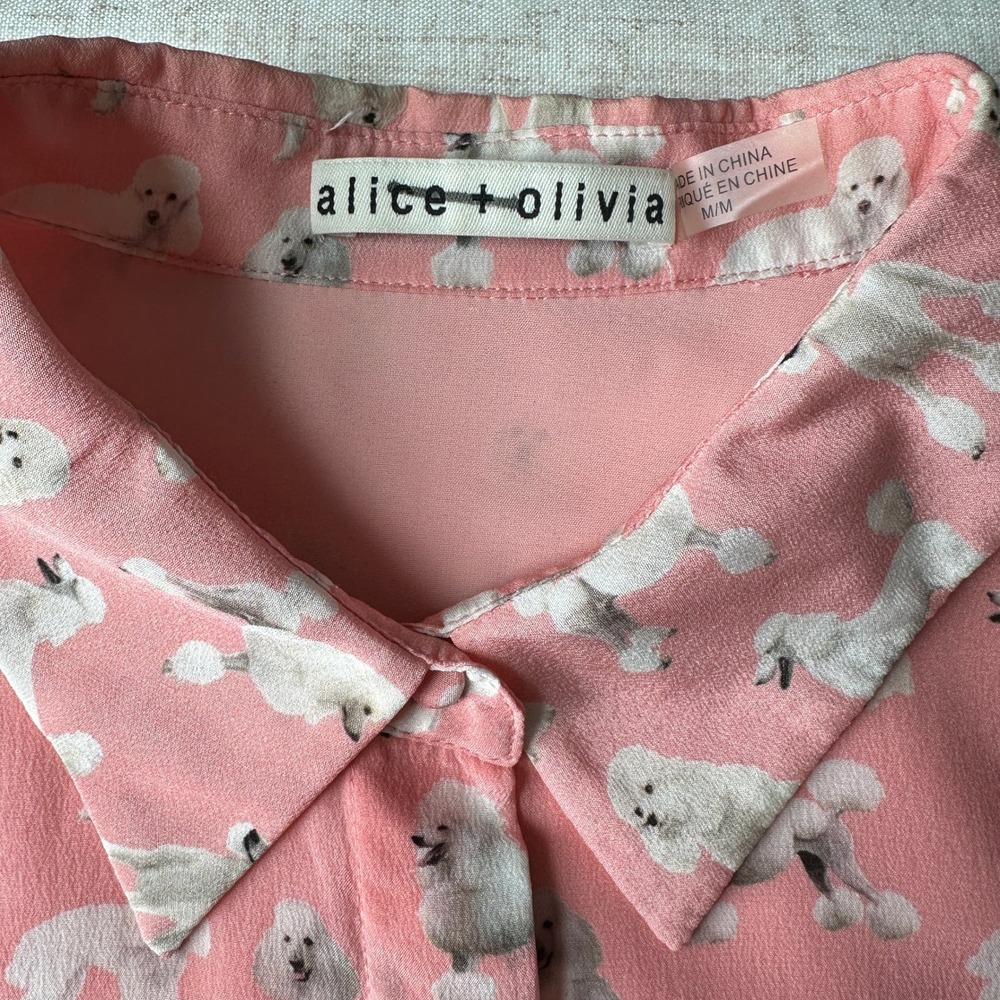 Alice + Olivia Willa Pink Poodle Dog Print Silk Blouse Shirt M Medium - Picture 5 of 10